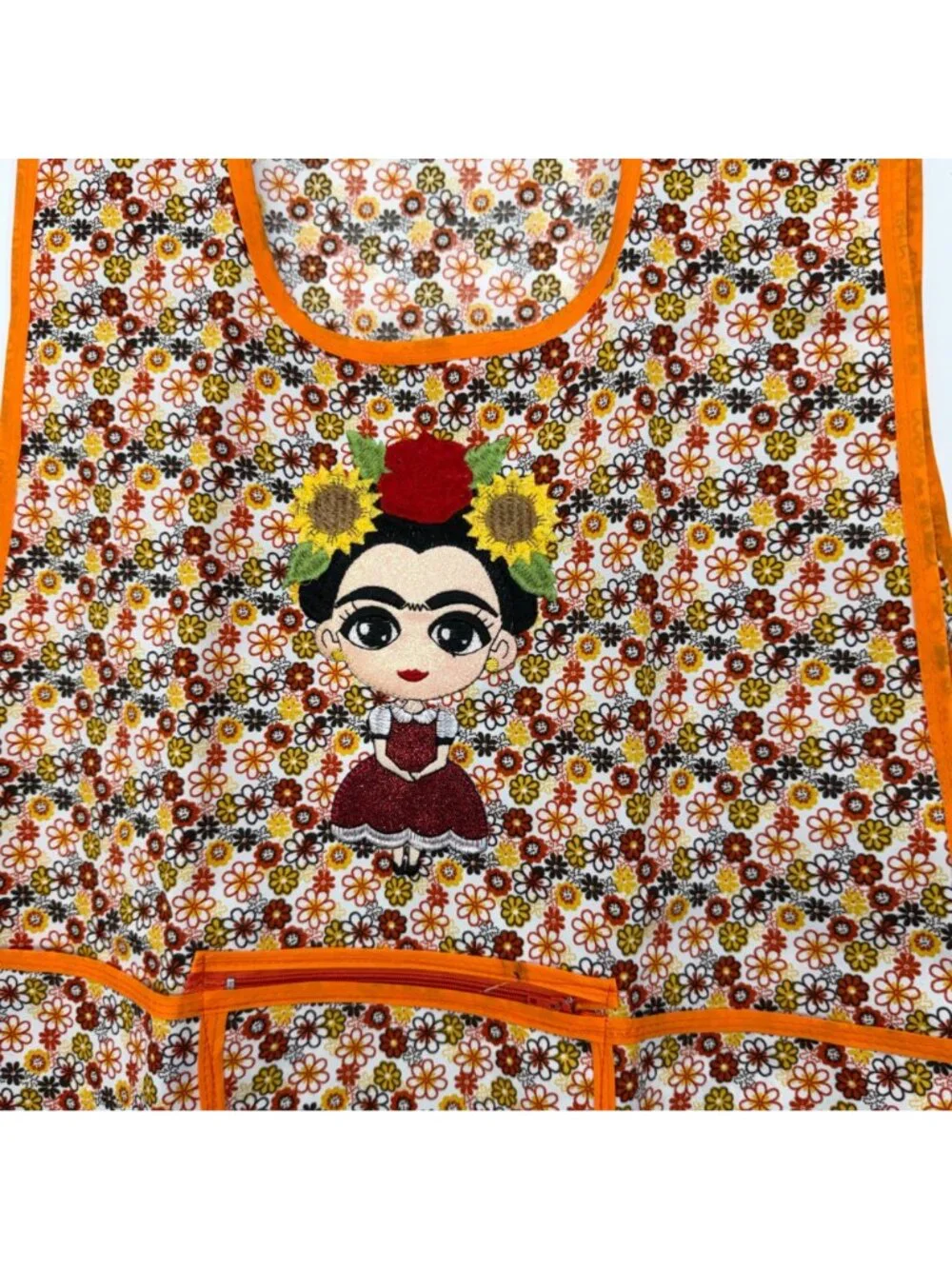 Women Apron Frida-Inspired Floral Front Pockets Orange Trim One Size